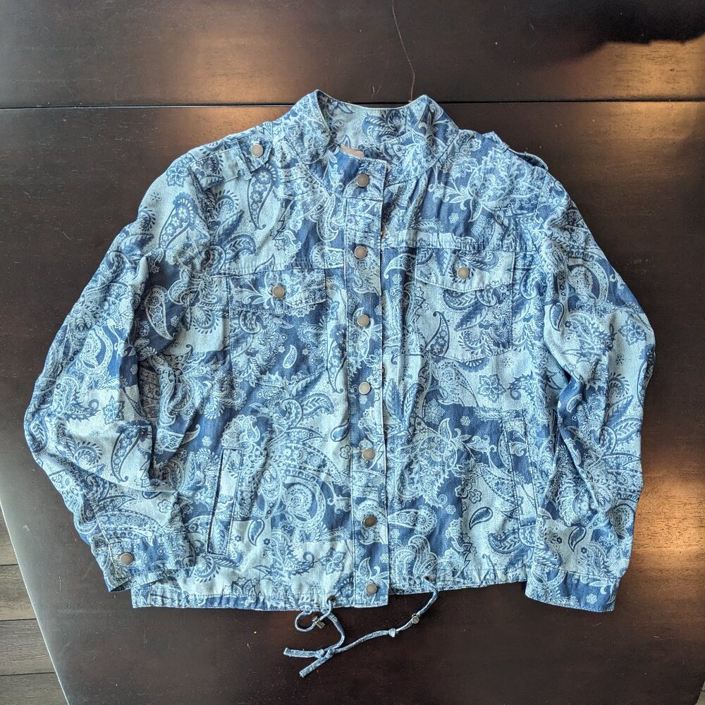 Chico's Blue Paisley Print Snap Front Utility Jacket Drawstring Womens Size 1